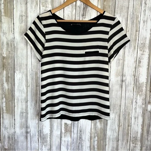Zara Black White Striped Tee Classic Minimalist Short Sleeve Pocket Top Size S - Picture 1 of 4